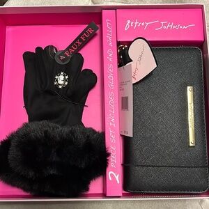 Betsey Johnson gift set, black wallet wristlet, and black gloves with fur, new